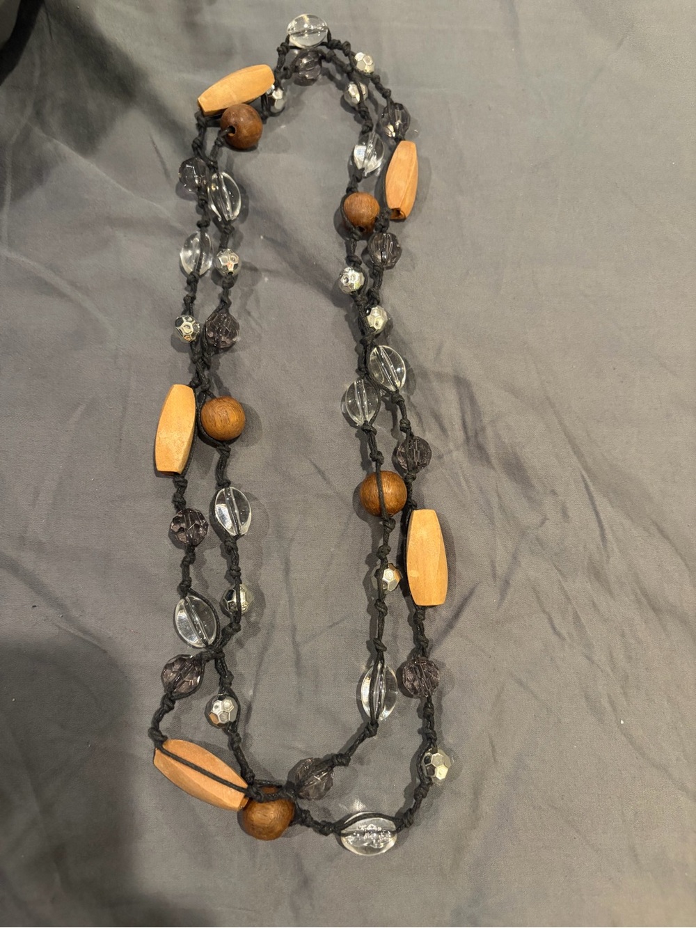 Handcrafted Black Cord Necklace with Wood and Clear Beads